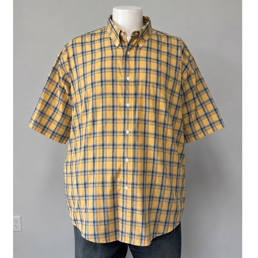 Eddie Bauer Relaxed Fit Plaid Shirt Mens XL Tall Yellow Blue Cotton Short Sleeve